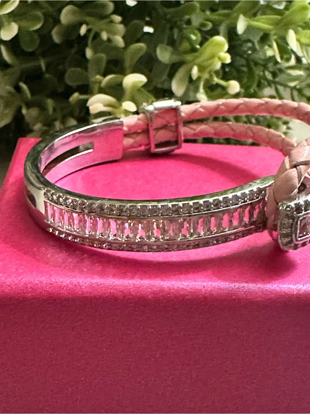 Braided Pink Leather Bracelet with Silver Bar Accent
